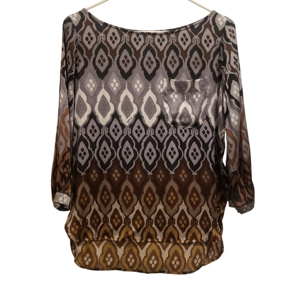 Hale Bob Women's XS‎ Silk Diamond Print Pocket Blouse Long Sleeve Casual Top